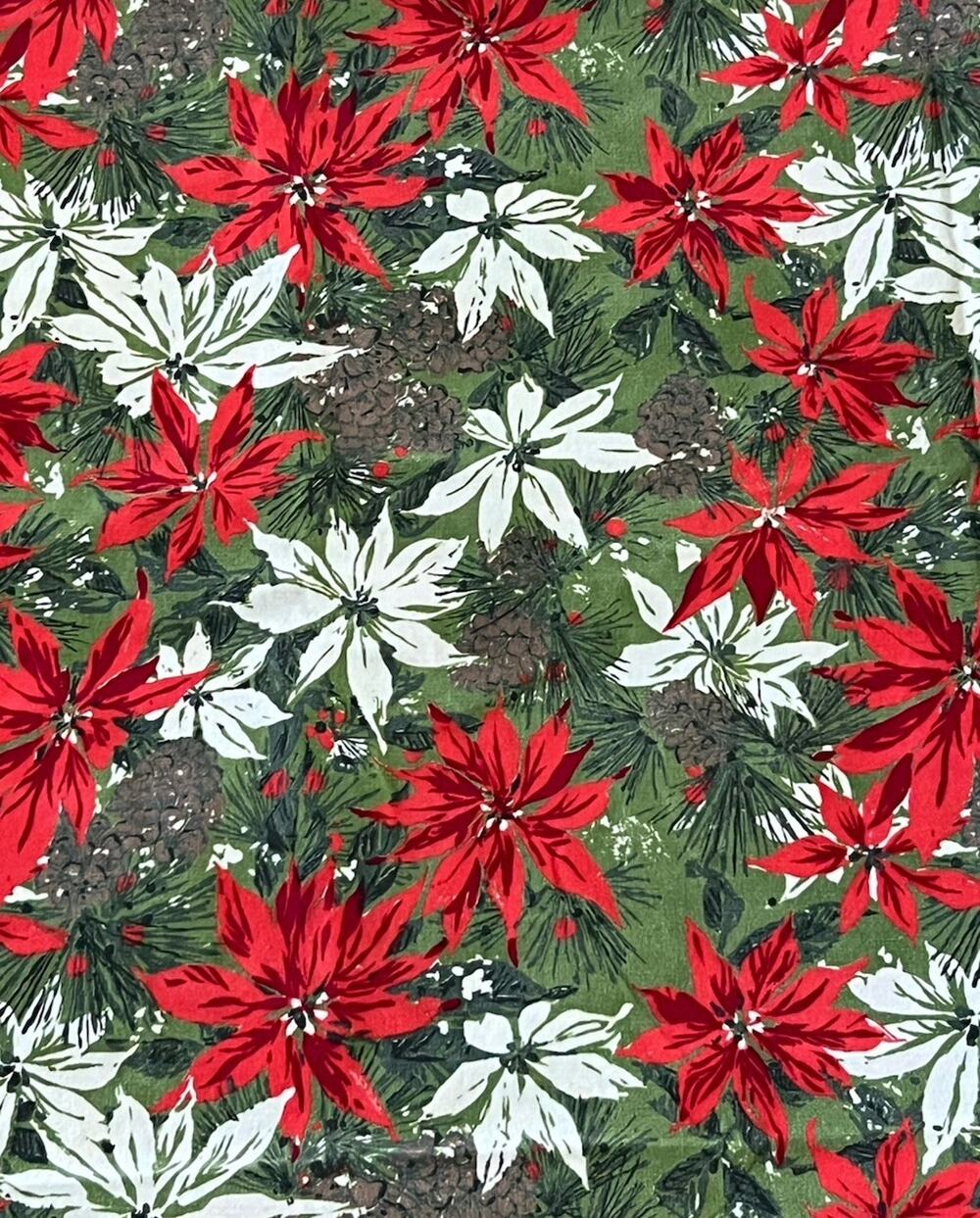 Vintage Christmas Poinsettias & Pinecones Red Green Fabric Tablecloth 50x103